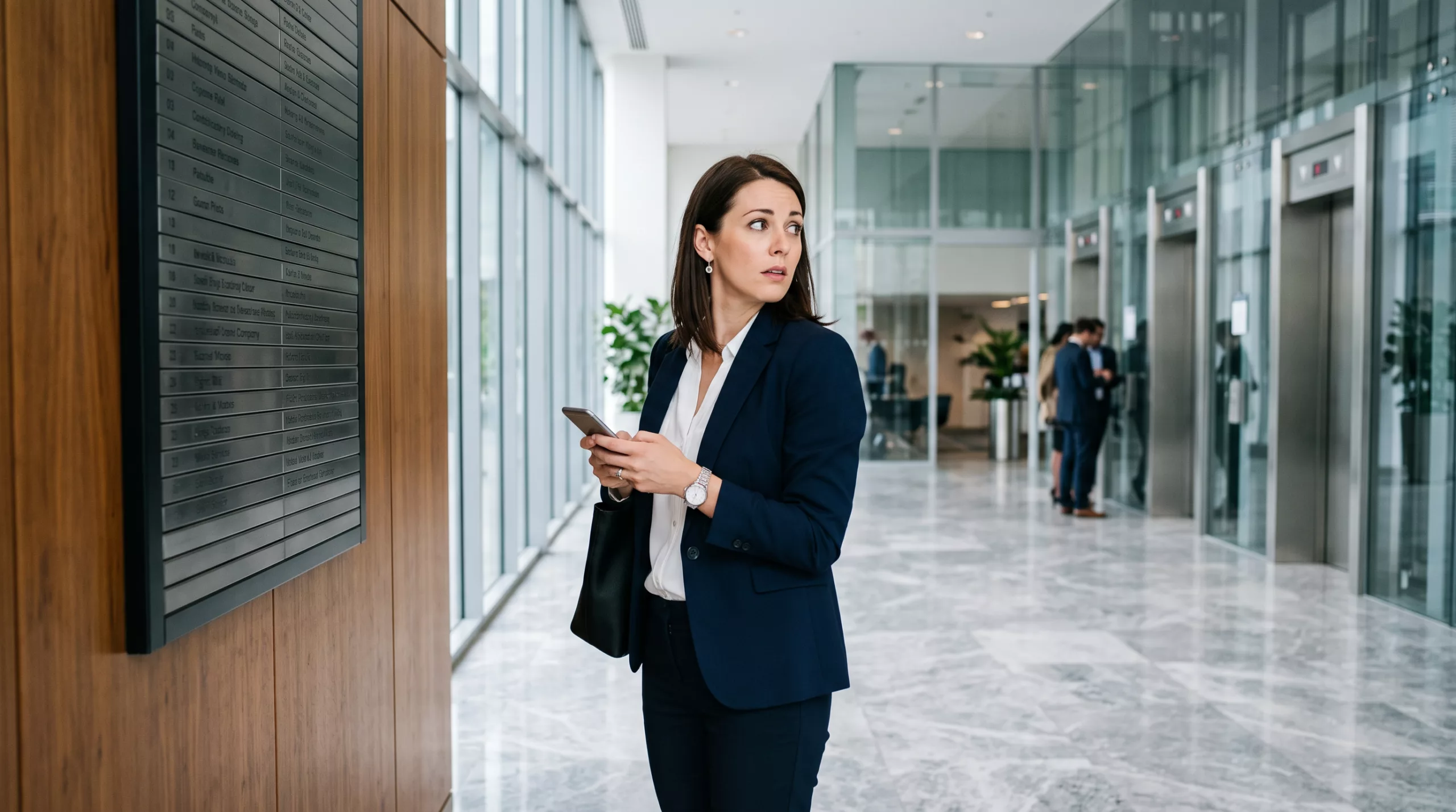 a visitor in a corporate lobby, puzzled, checking their phone against a static directory board that doesn't line up with the elevator bank.